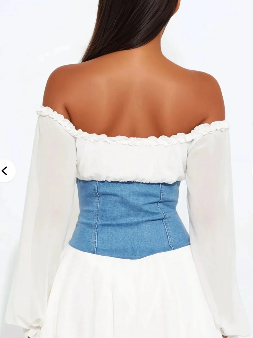 NWT Fashion Nova White Off-Shoulder Romper with Blue Denim Corset